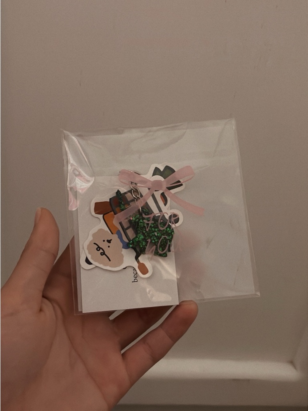 Cute Green Glitter Charm Keychain with Pink Bow
